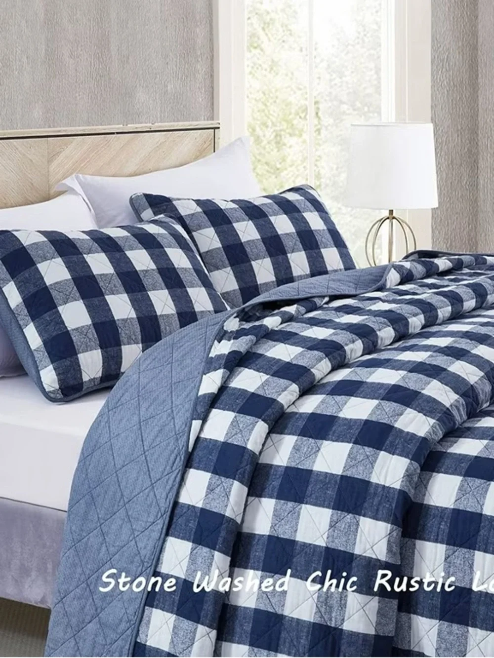 Blue and White Buffalo Check Queen 3 piece Quilt Set
